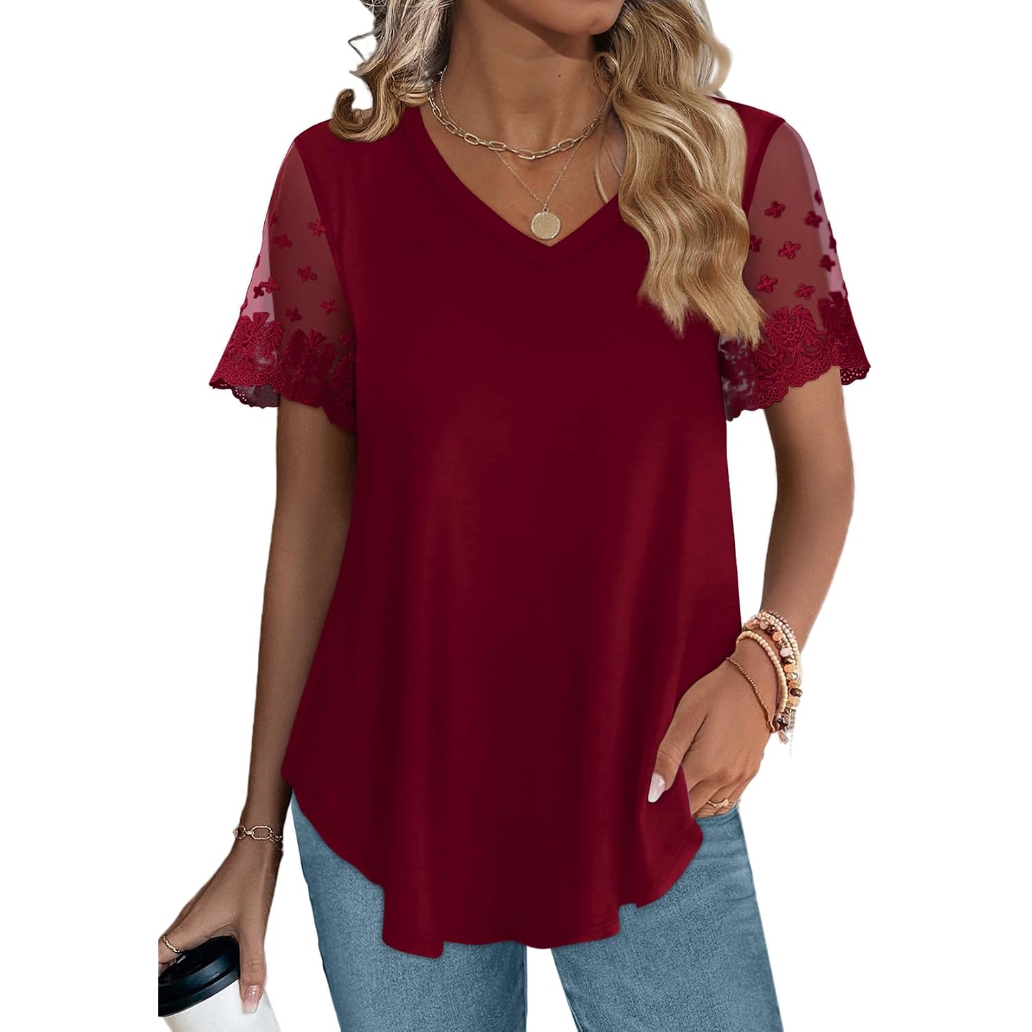 OFEEFAN Casual V Neck T Shirts for Women Lace Short Sleeve Curved Hem Tops Loose Fit