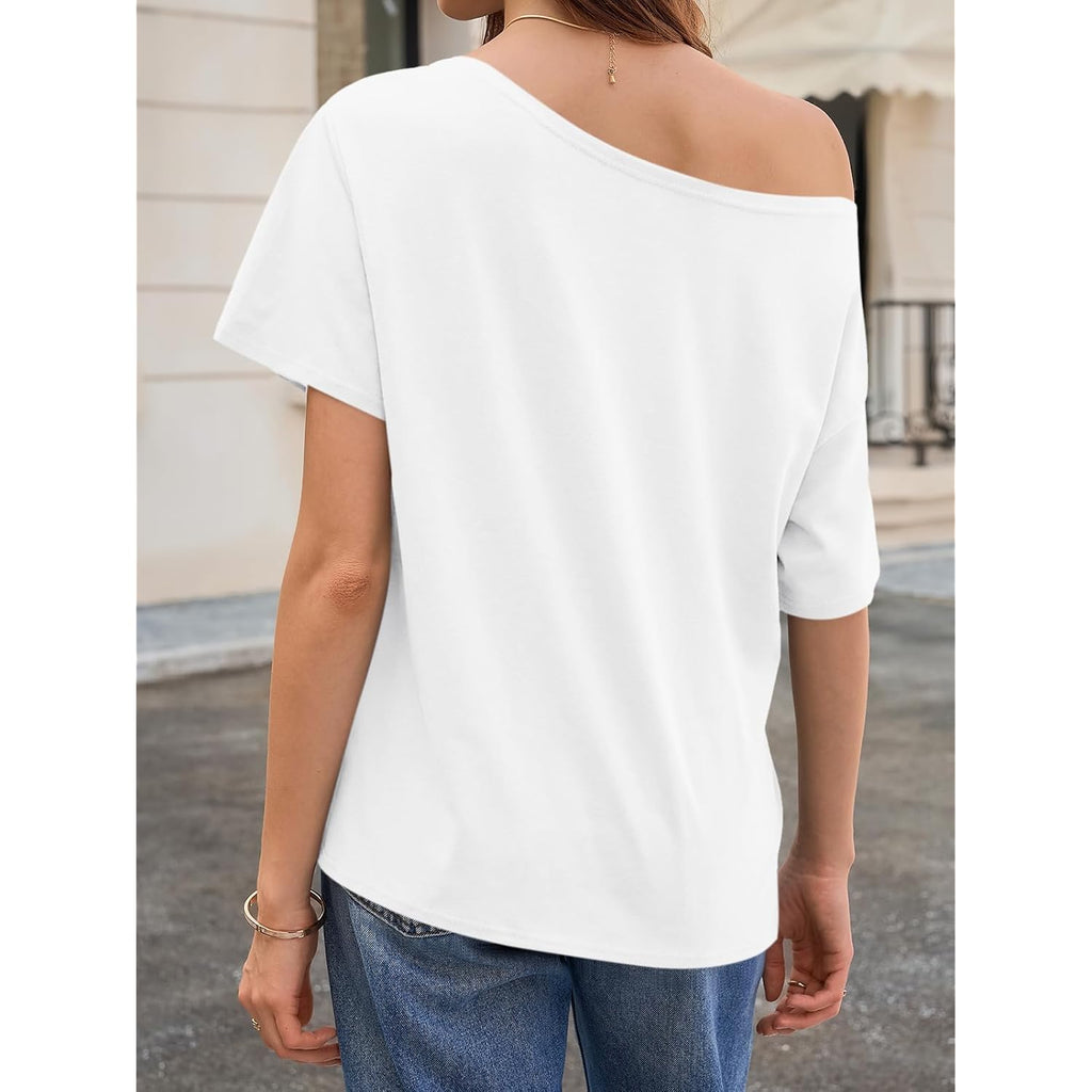 Cicy Bell Womens Oversized T-Shirts Short Sleeve Summer Casual One Shoulder Tops Side Split Loose Fit Tees