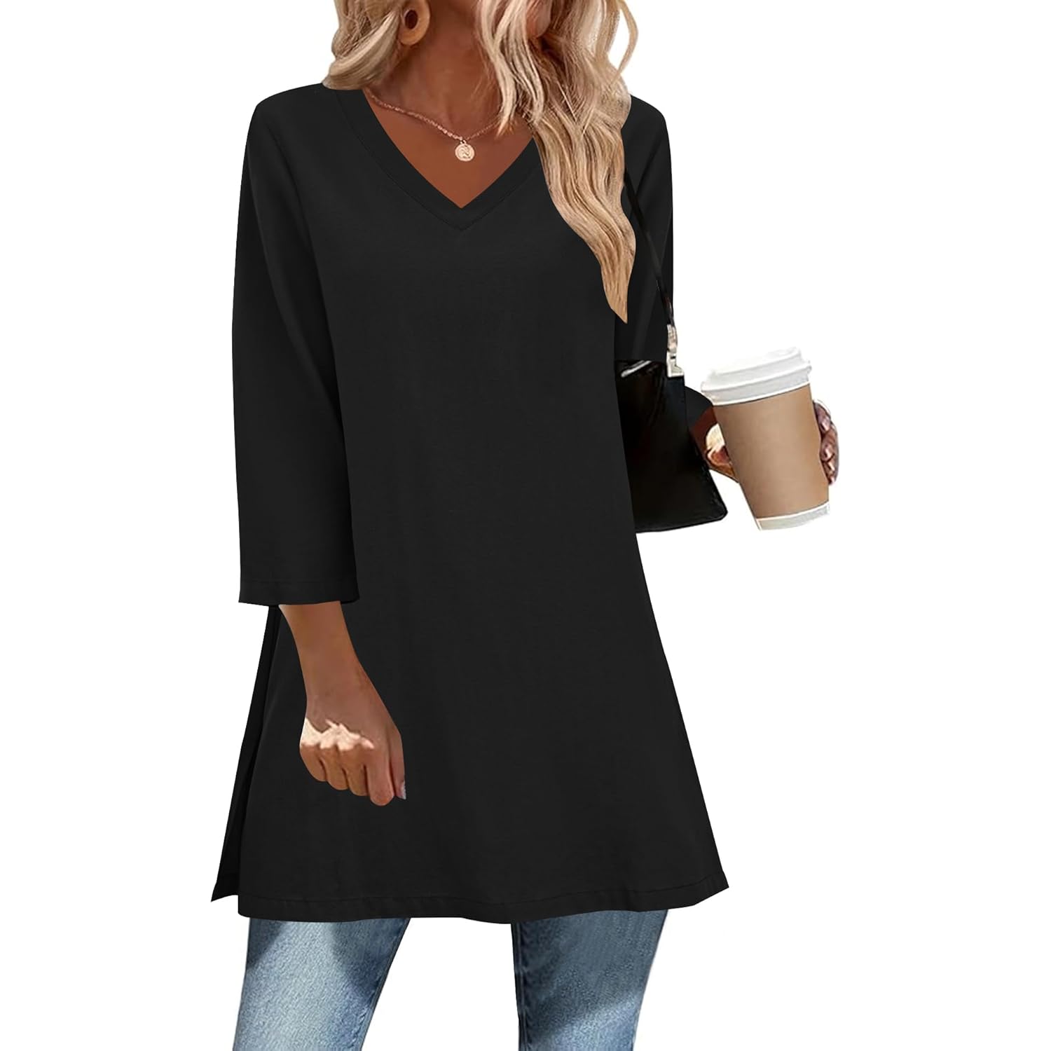 Women's Cotton Linen Tunic Top Black
