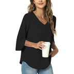 Women's Chiffon Work V-Neck Tunic Top Black