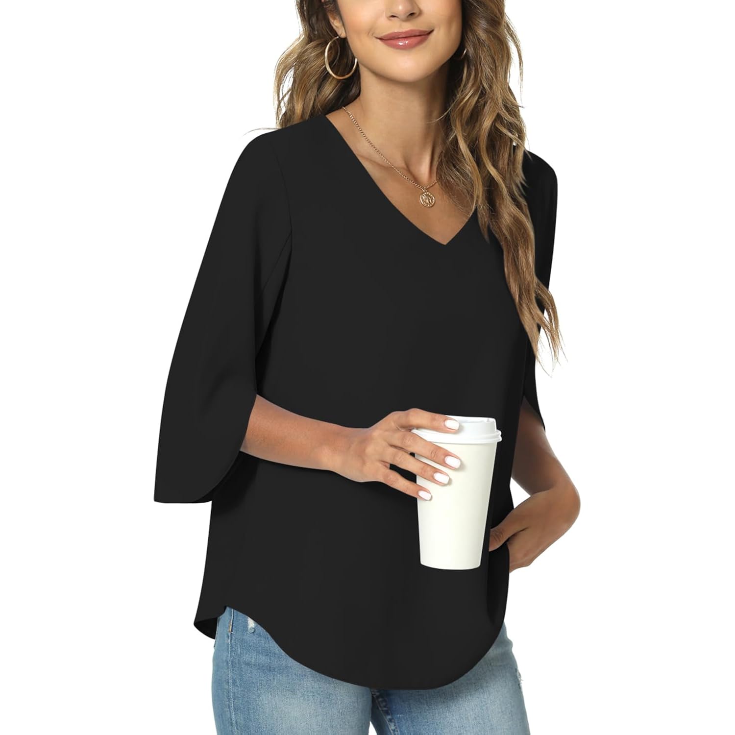 Women's Chiffon Work V-Neck Tunic Top Black