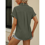 Women's Pocket V-Neck  Button Down Shirt Army Green