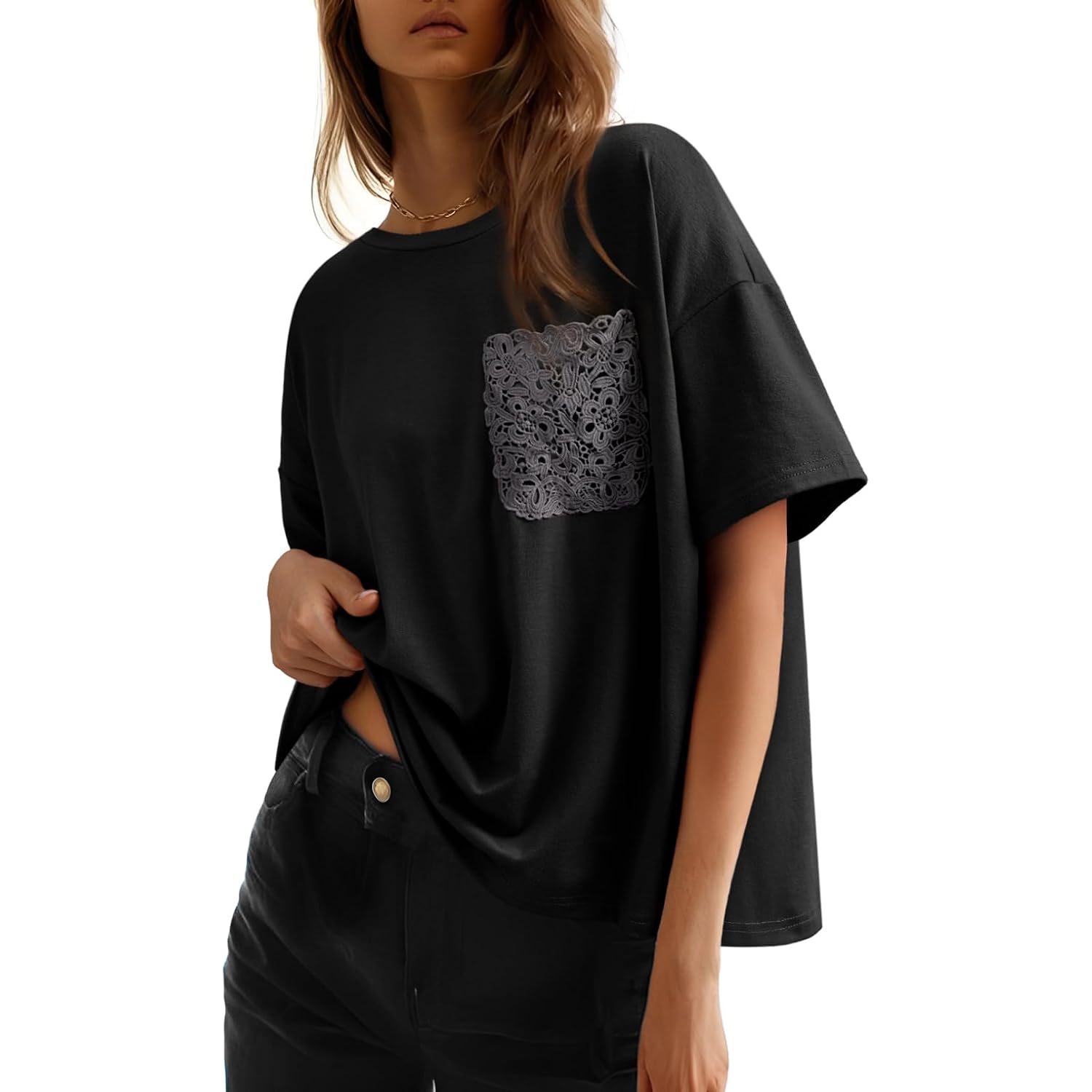 Dokotoo Womens Tops Cute Lace Summer Short Sleeve 2026 Oversized Casual T Shirts Lace Pockets