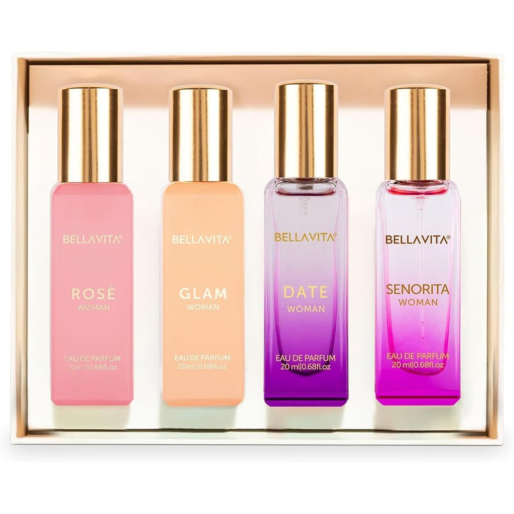 Bellavita Luxury Women's Perfume Gift Set with Rose, Senorita, Date, and Glam | 80ml | Perfume for Women | Pink Pepper, Yuzu and Floral Peach | Long Lasting Fragrance |Mother's day present