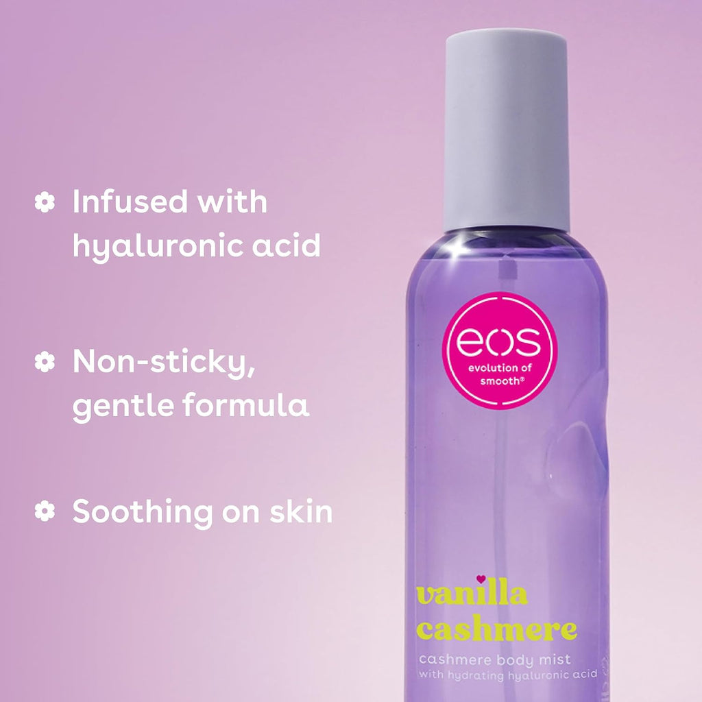 eos Cashmere Body Mist, Vanilla Musk & Cozy Caramel, Hair Mist and Body Spray for Women, Moisturizing Formula with Hyaluronic Acid, Vegan, Cruelty-Free, 6 fl oz