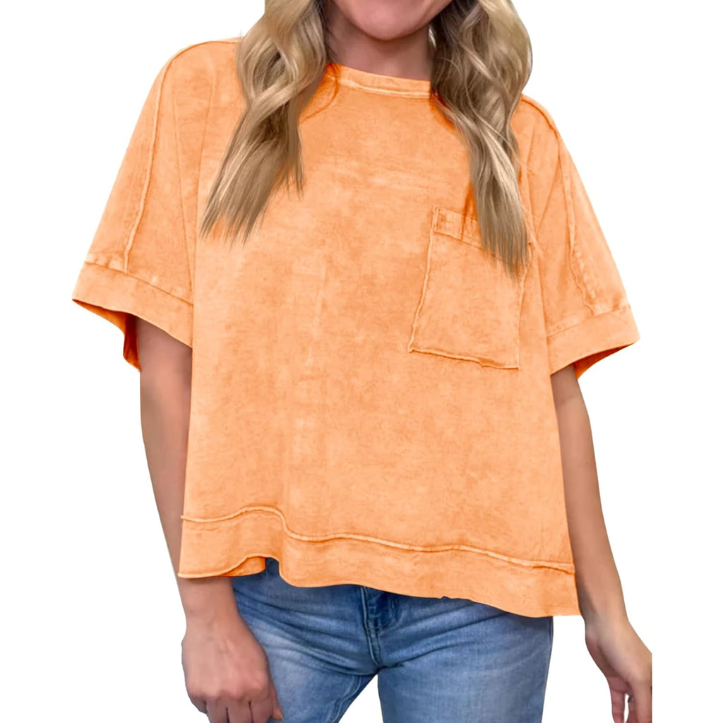 Cicy Bell Womens Summer Cropped T-Shirts Boxy Casual Short Sleeve Crew Neck Tops Acid Wash Cotton Loose Fit Tee Shirts