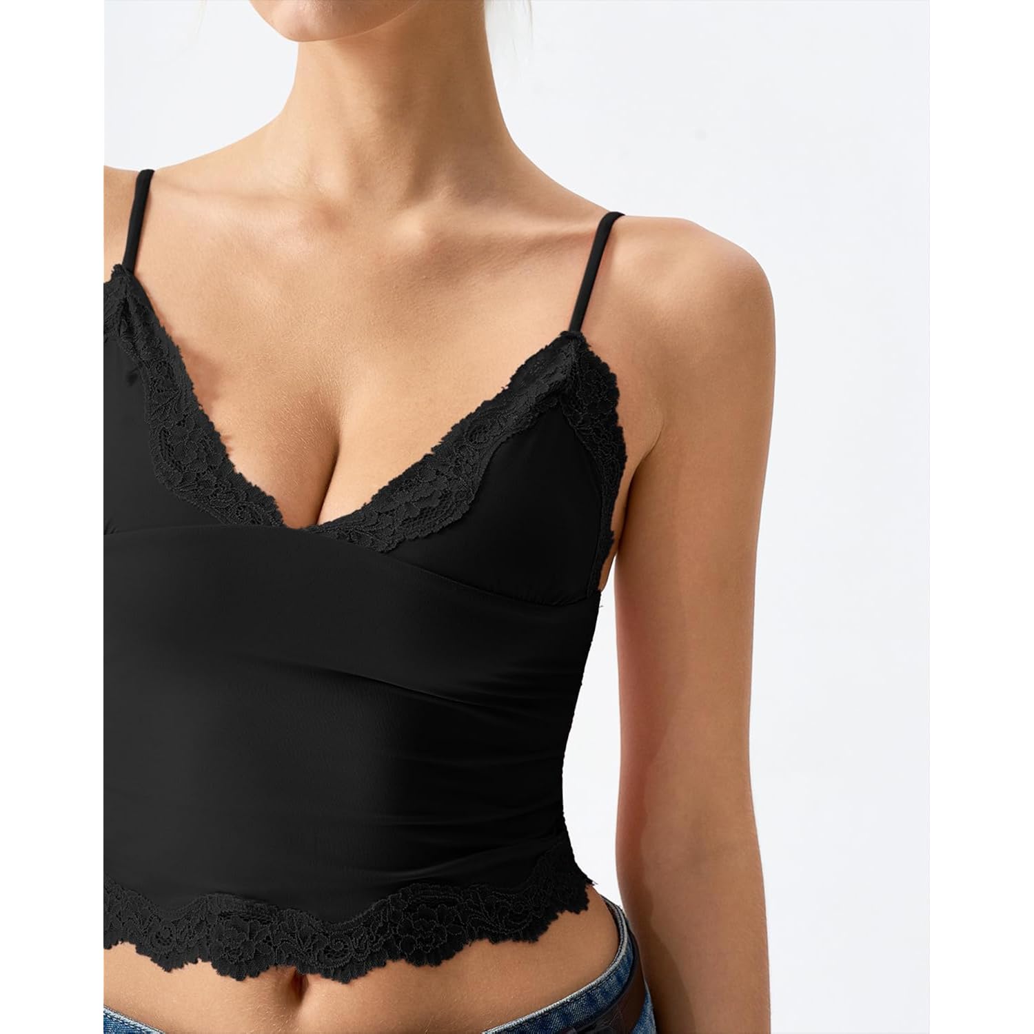 QINSEN Women's Double Layer Crop Cami V-Neck Lace Trim Tank Top with Adjustable Straps Delicate Overlay for Summer