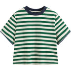 CIDER Women Stripe Crop Boxy Top Oversized Summer Crew Neck T-Shirt Cotton-Blend Short Sleeve Tee