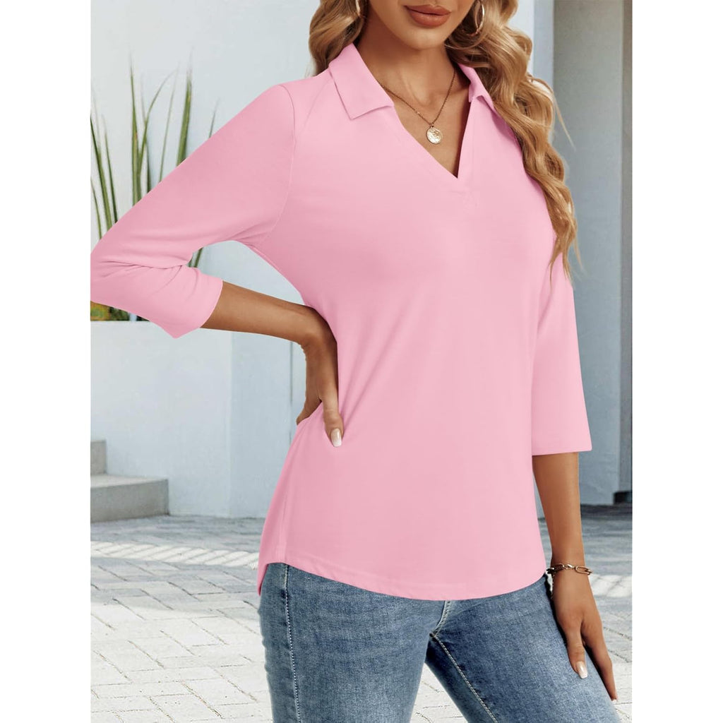 Women's 3/4 Sleeve V-Neck Polo Shirt Light Pink