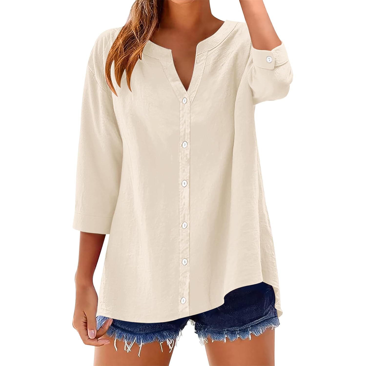 Women's Cotton Linen Button-Up Tunic Top Apricot