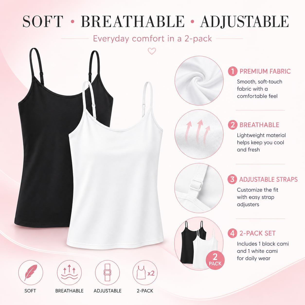 Camisole Tops for Women 2 Pack Black White Adjustable Strap Basic Cami Tank Tops Soft Stretch Layering Undershirts