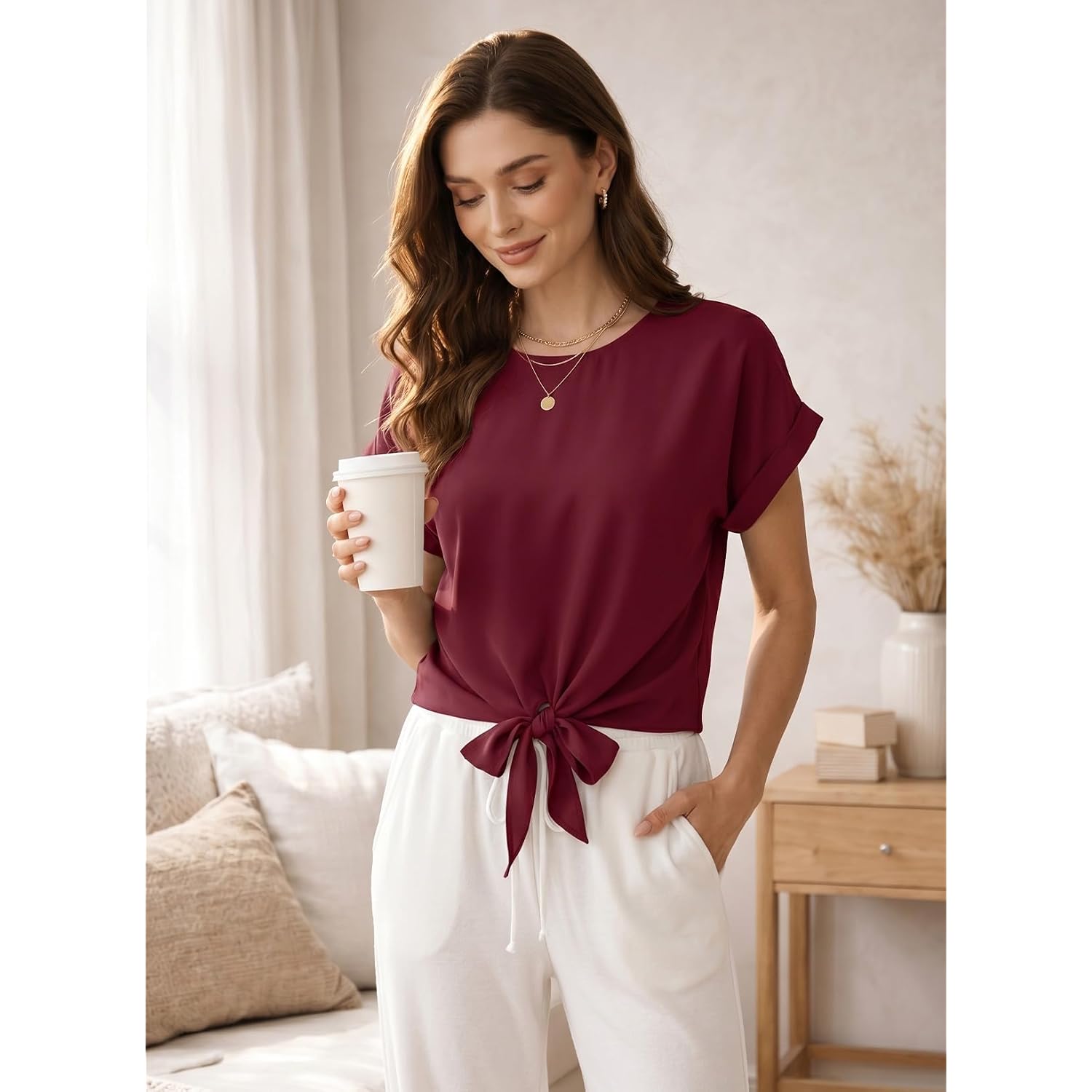 EVALESS Womens Tops Summer Cap Sleeve Tie Front Shirts 2026 Business Casual Work Blouses