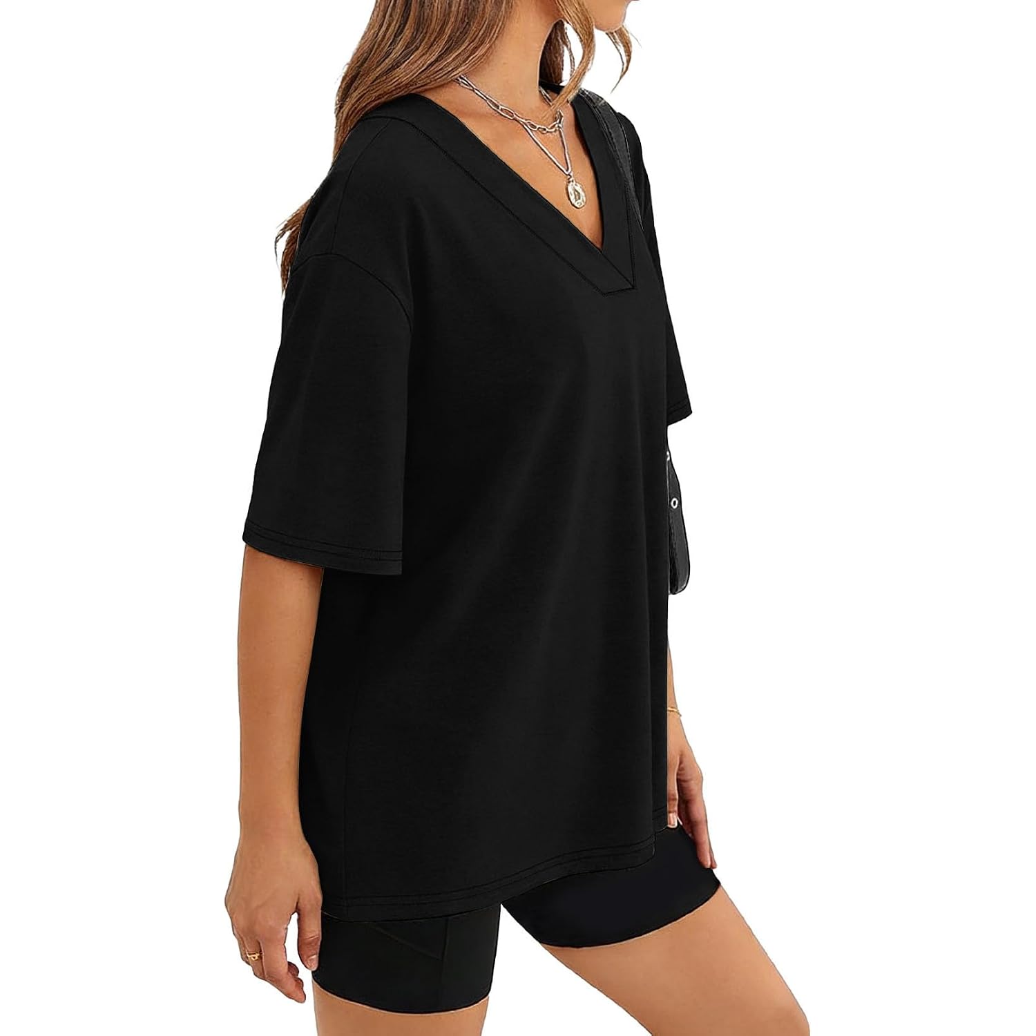WIHOLL Oversized Tshirts for Women 2026 Summer Tops Short Sleeve V Neck Shirts Basic Tee