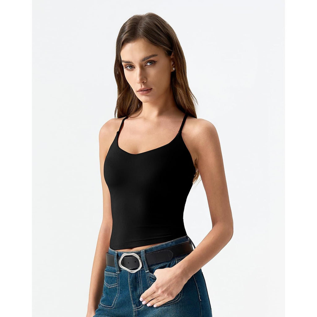 QINSEN Womens Cross Back Tank Top V Neck Double Lined Camisole Top Sleeveless Spaghetti Strap Going Out Tops