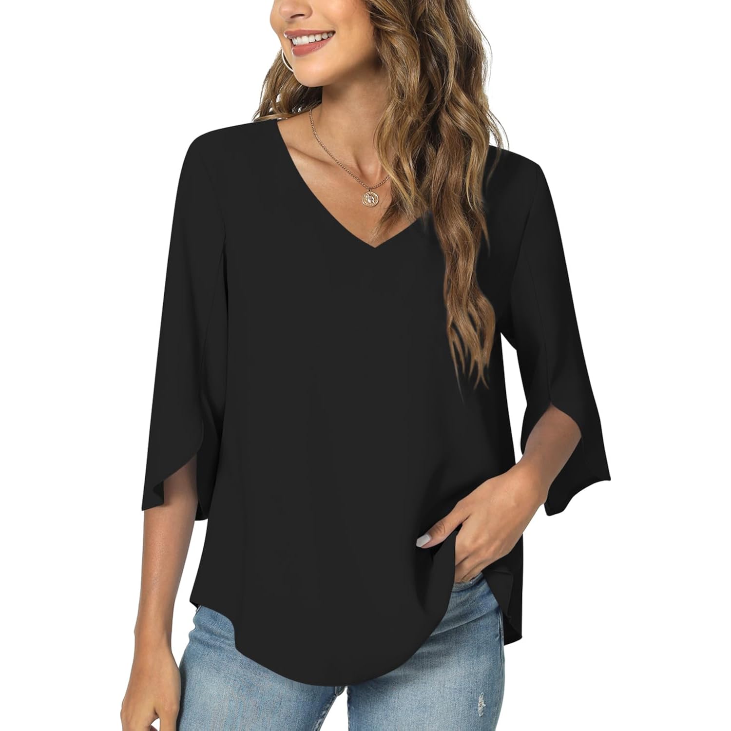 Women's Chiffon Work V-Neck Tunic Top Black