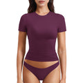 YEOREO Ease Women Fitted Workout Tops Short Sleeve Double Lined Basic Y2K Going Out Crew Neck Compression Crop Top