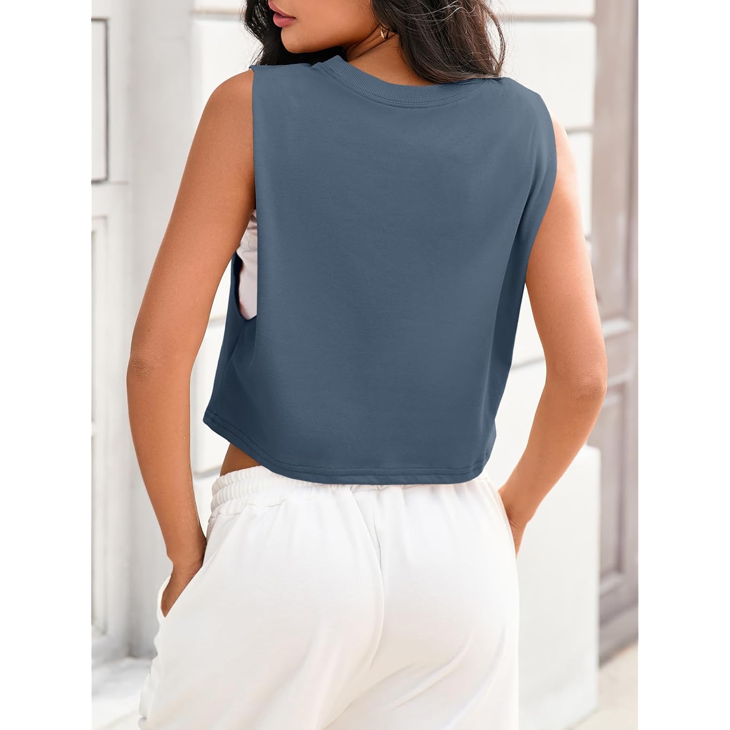 Women's Boxy Workout Crop Tank Top Blue Grey