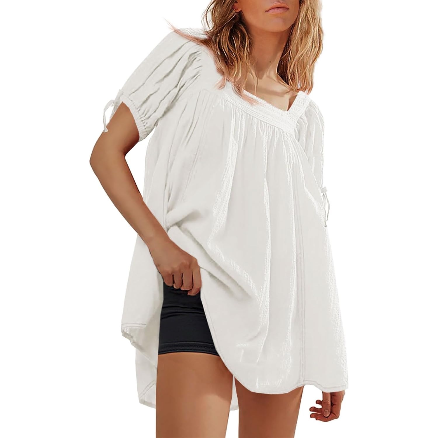 Women's Square Neck Babydoll Tunic Top White