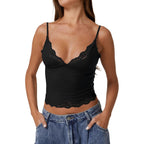 QINSEN Women's Double Layer Crop Cami V-Neck Lace Trim Tank Top with Adjustable Straps Delicate Overlay for Summer