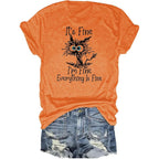 Women's I'm Fine Everything is Fine T-Shirts Short Sleeve Sayings Loose Fit Casual Cute Cat Graphic Tee Blouse Tops
