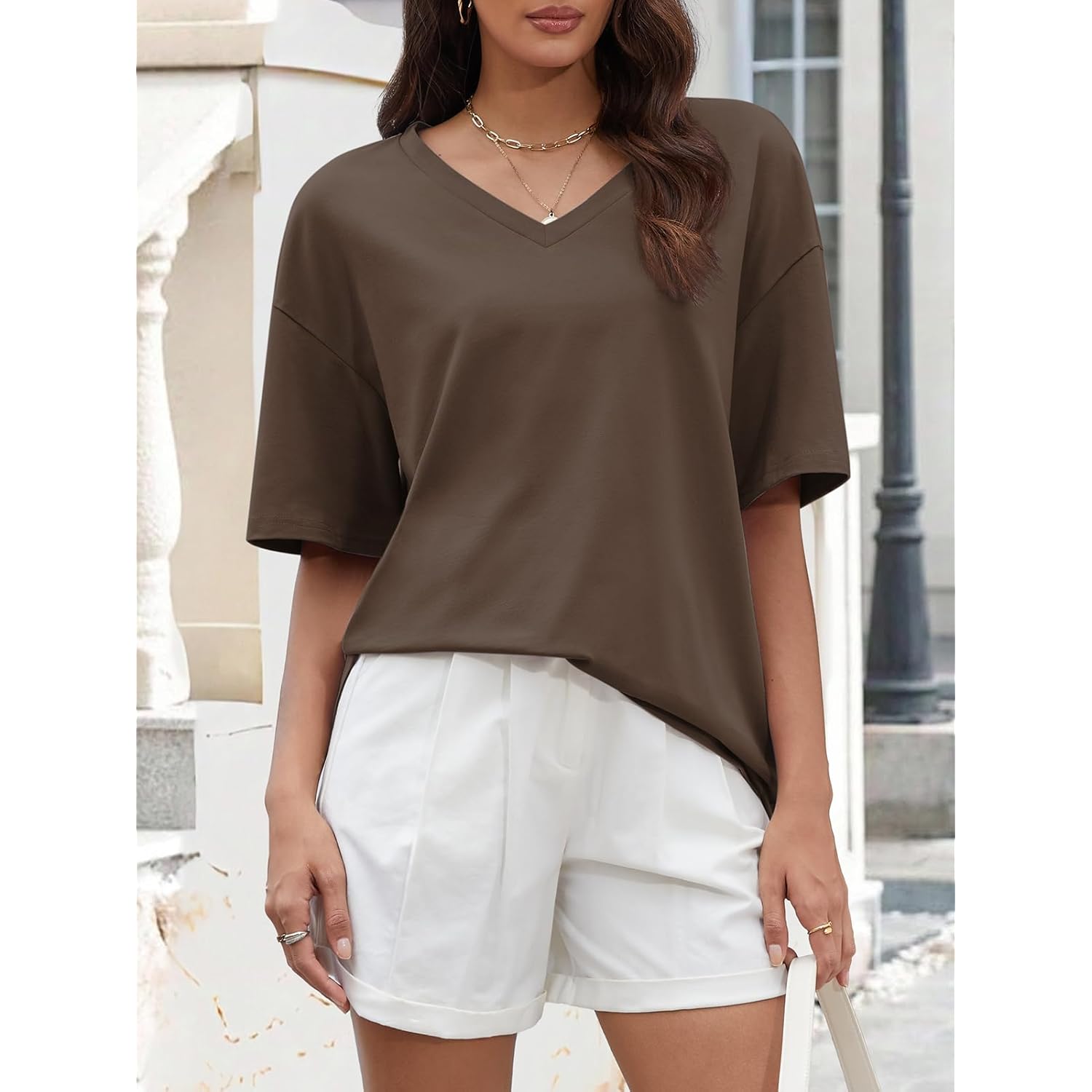 Women's Oversized V-Neck Tunic Top Light Brown