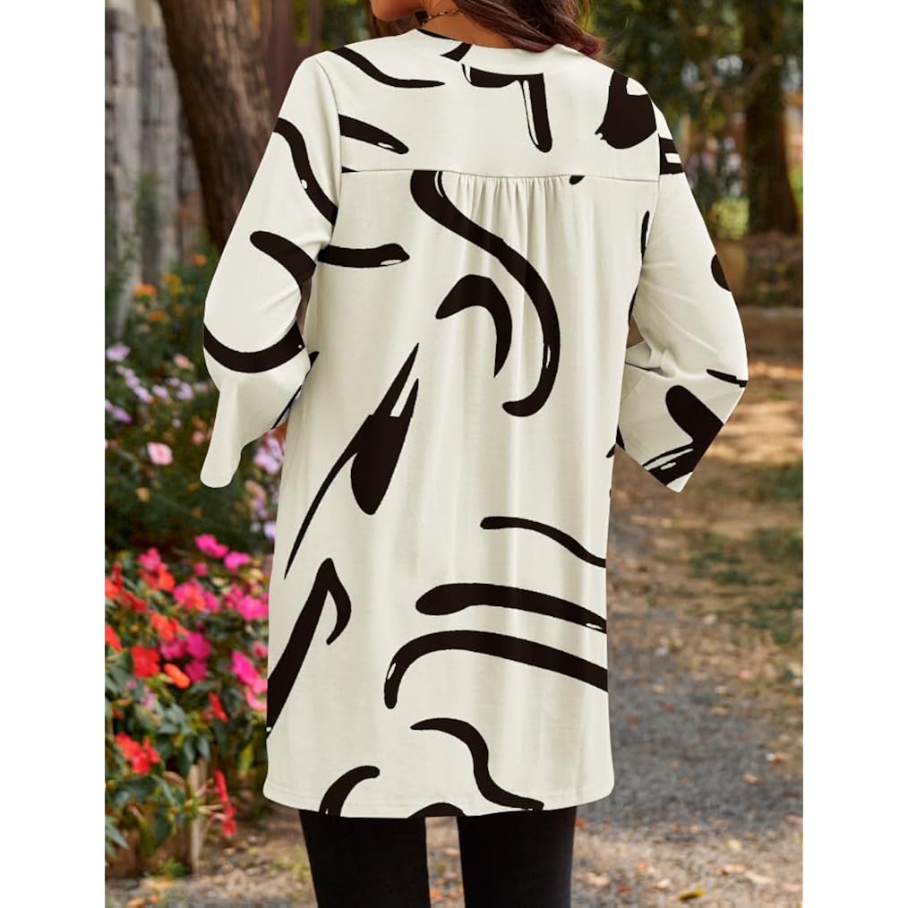 Women's Bell Sleeve Side Split Tunic Top Beige/Black