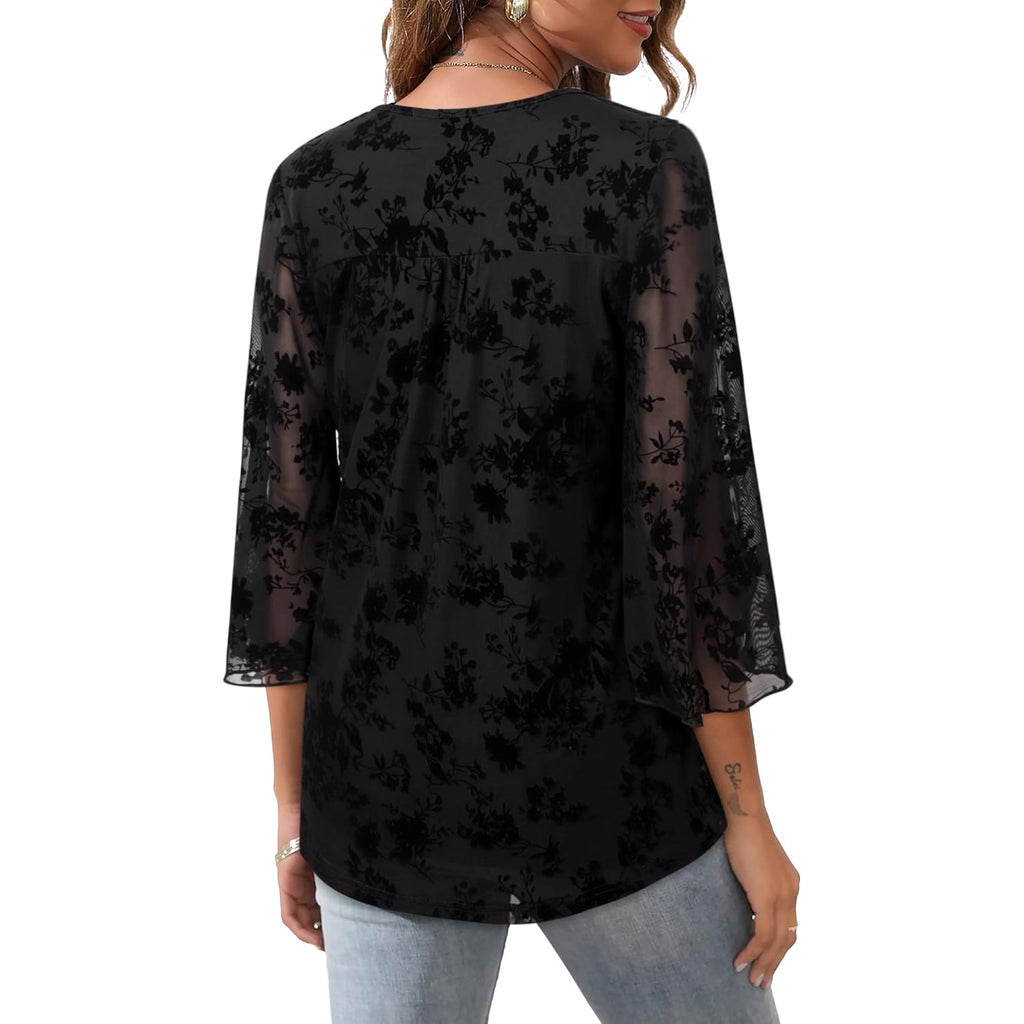 Women's Double Layer Mesh Tunic Top Black Floral