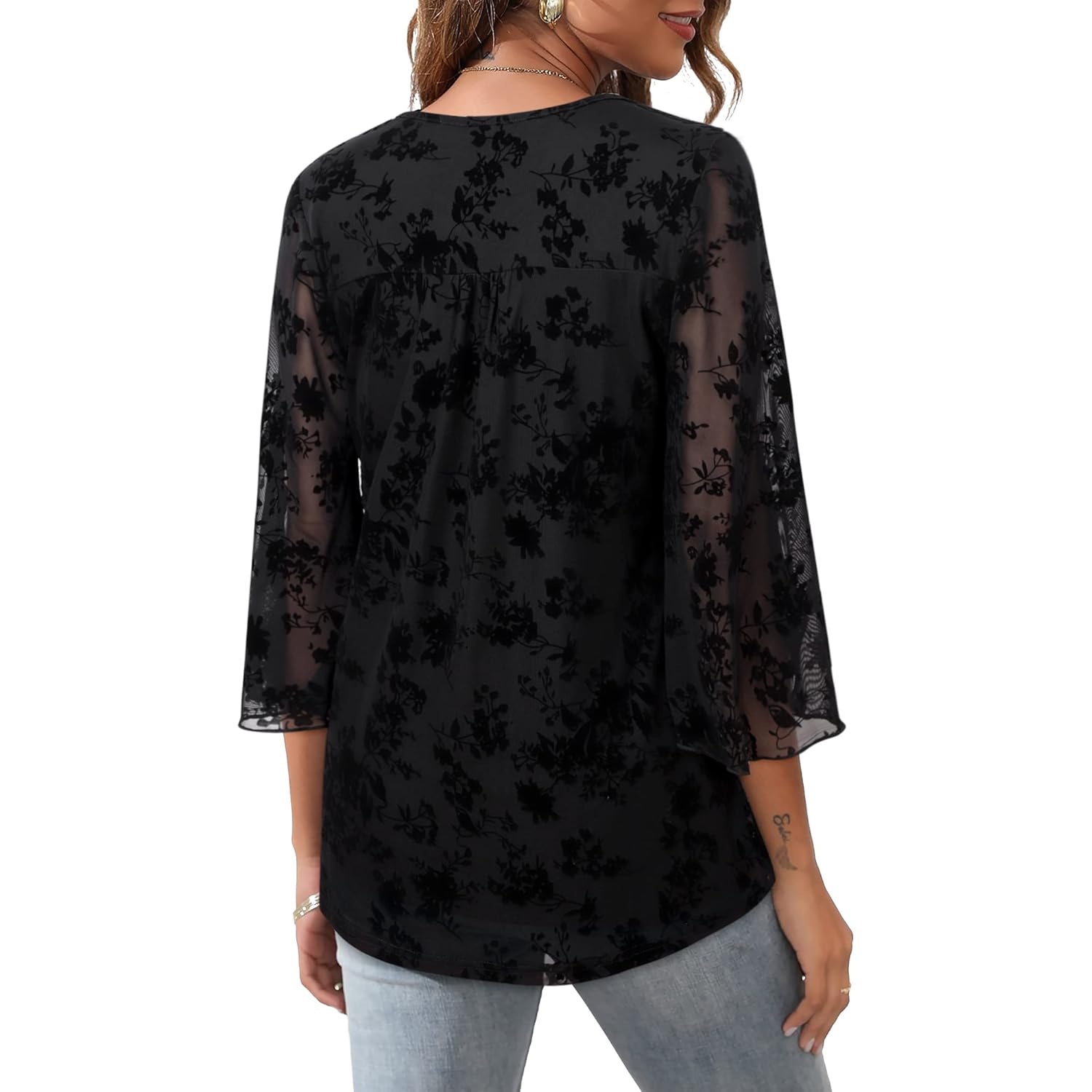 Women's Double Layer Mesh Tunic Top Black Floral