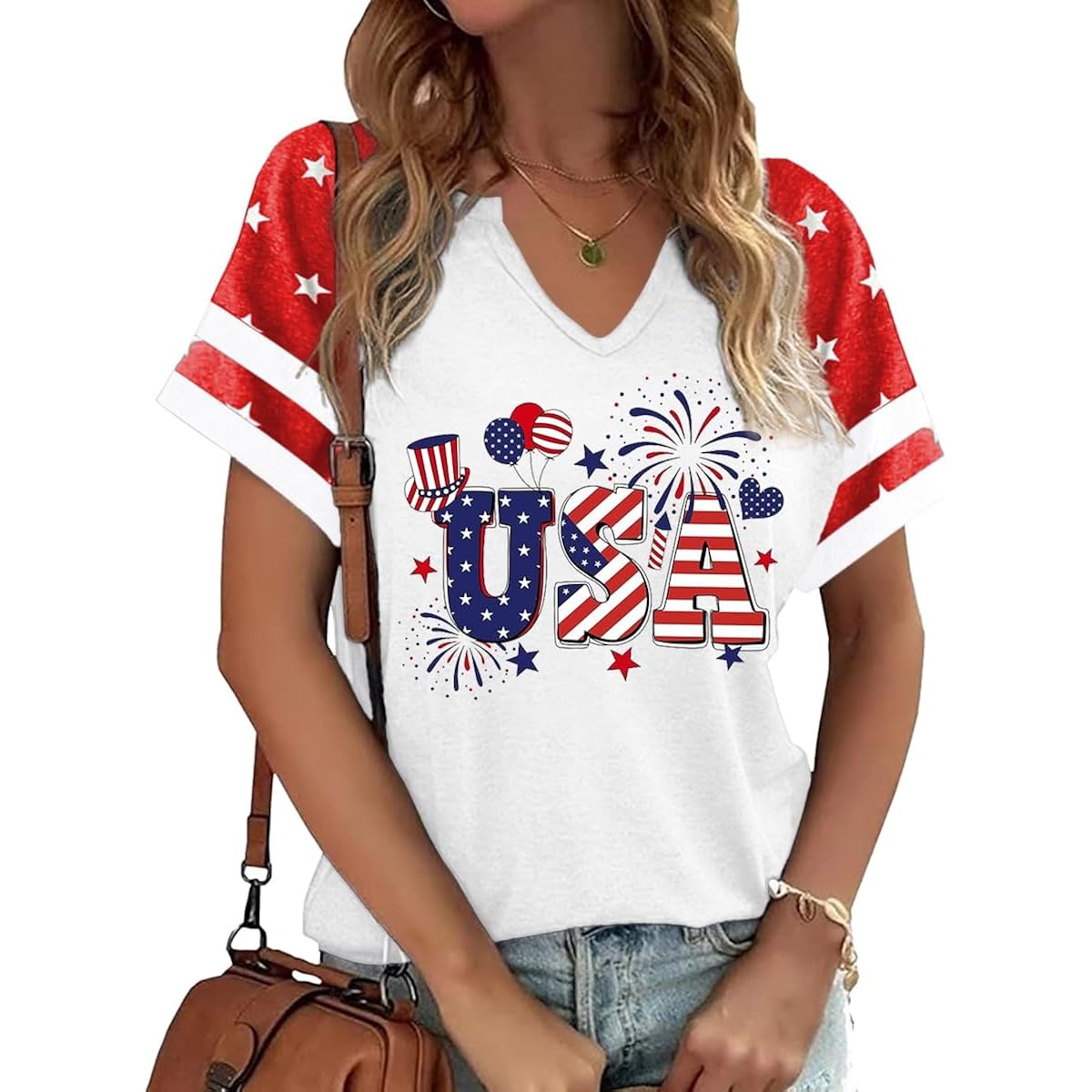 Patriotic V Neck Shirts 4th of July for Women American Flag Graphic Tee Casual Color Block Short Sleeve Summer Tops