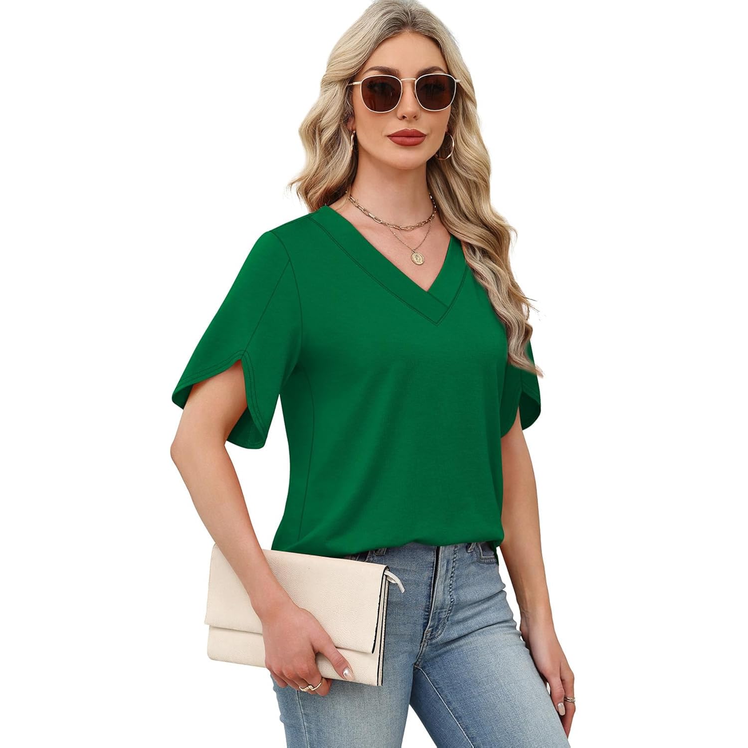 WIHOLL Womens Summer Tops Short Petal Sleeve Shirts Fashion V Neck Womens Clothing