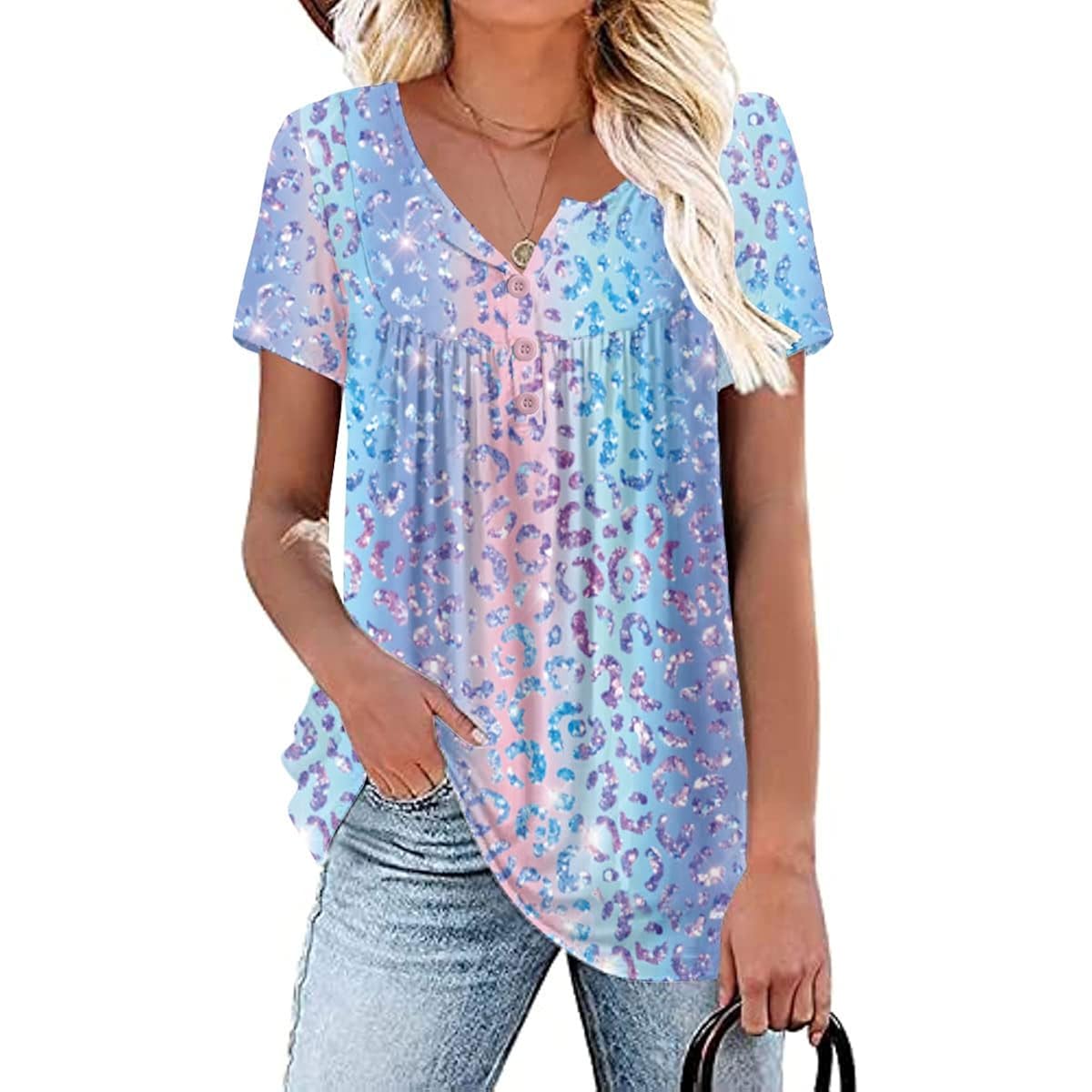 Women's Lace Pleated Tunic Top Leopard