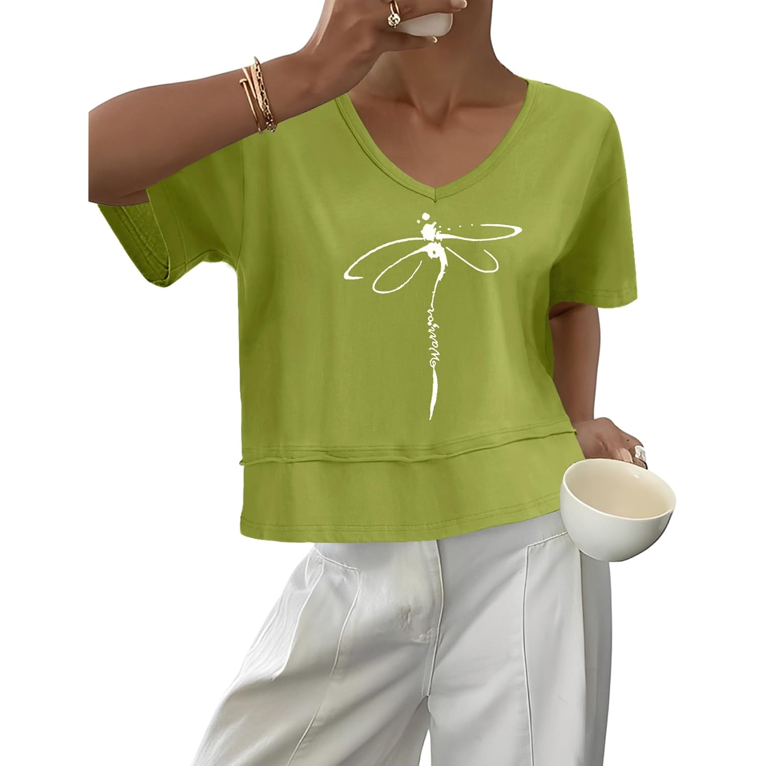 LOMON Women's V Neck 100% Cotton T Shirts Oversized Boxy Cropped Tops Casual Short Sleeve Summer Cute Tees