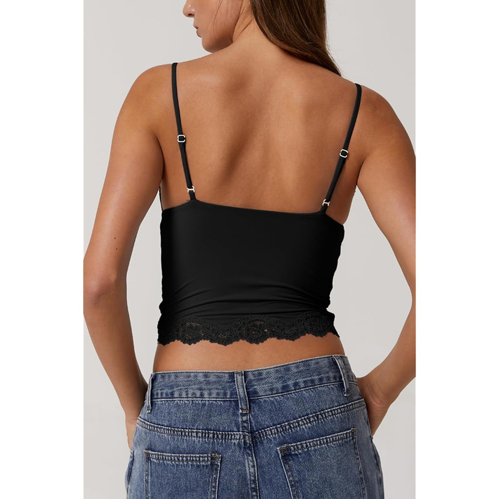 QINSEN Women's Double Layer Crop Cami V-Neck Lace Trim Tank Top with Adjustable Straps Delicate Overlay for Summer