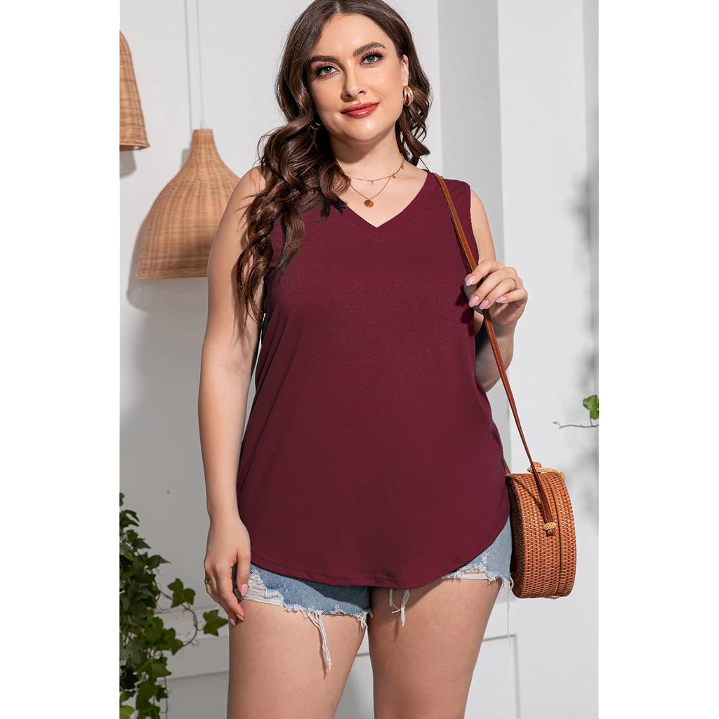 CARROTMOB Plus Size Sleeveless Tops Women Casual Summer Sleeveless Loose Fit V Neck Ladies Basic Tshirt