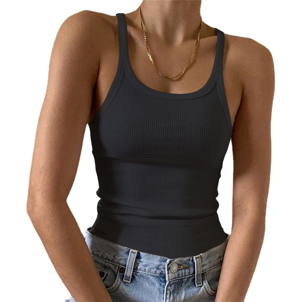 Women's Ribbed Scoop Neck Tank Top Full Length Black