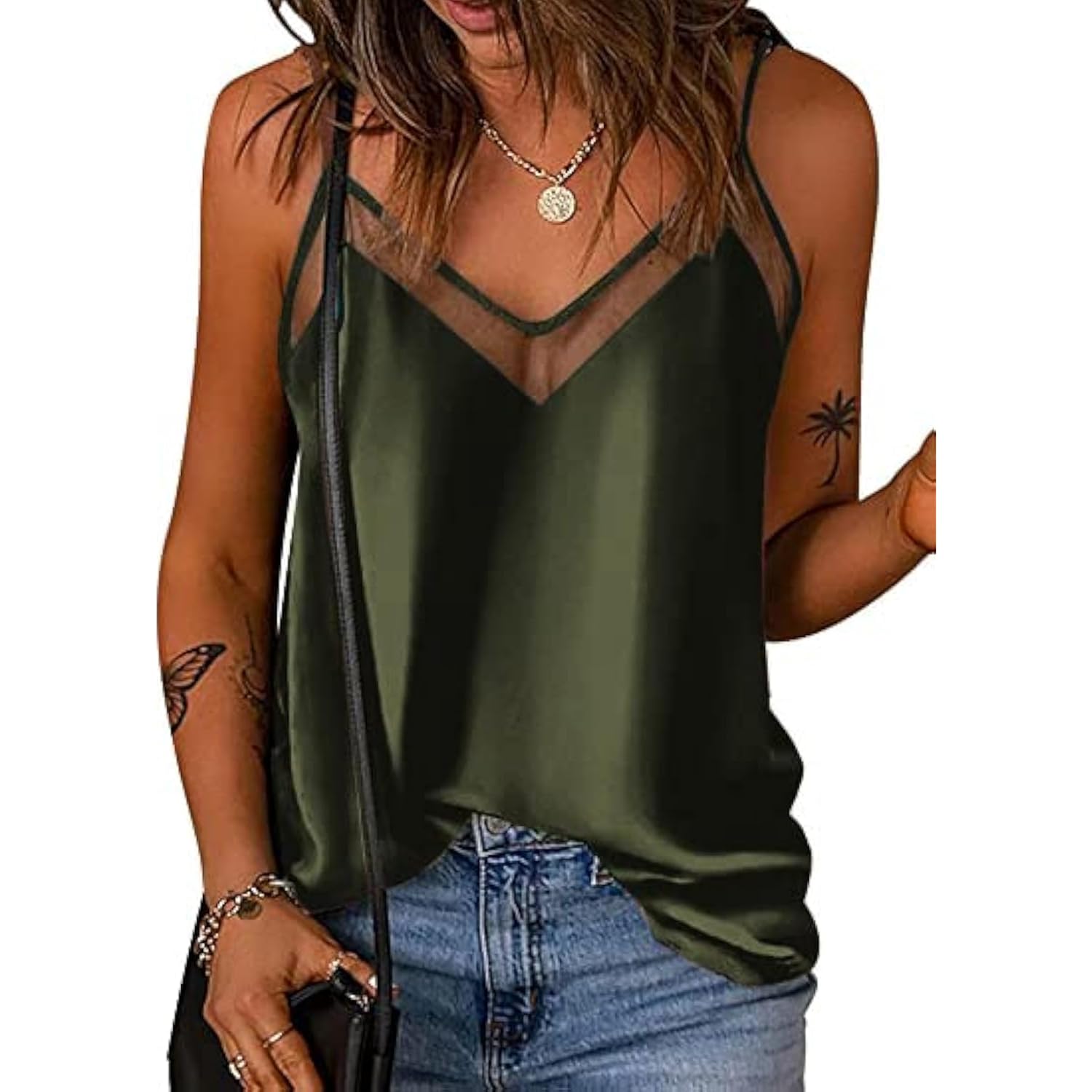 Women's Mesh V-Neck Tank Top Army Green