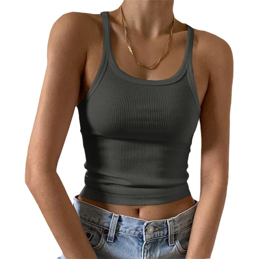 Women's Ribbed Scoop Neck Tank Top Short Charcoal Grey