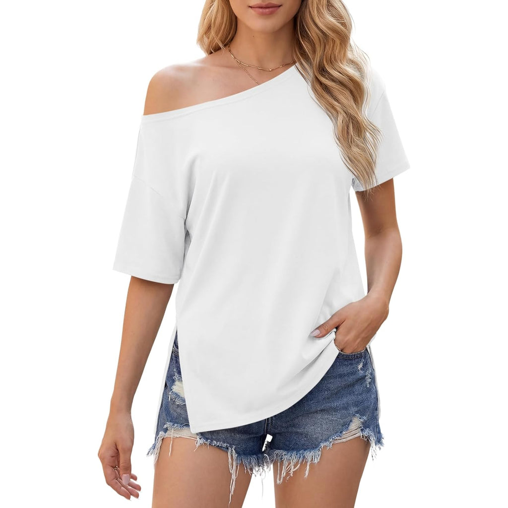 Cicy Bell Womens Oversized T-Shirts Short Sleeve Summer Casual One Shoulder Tops Side Split Loose Fit Tees