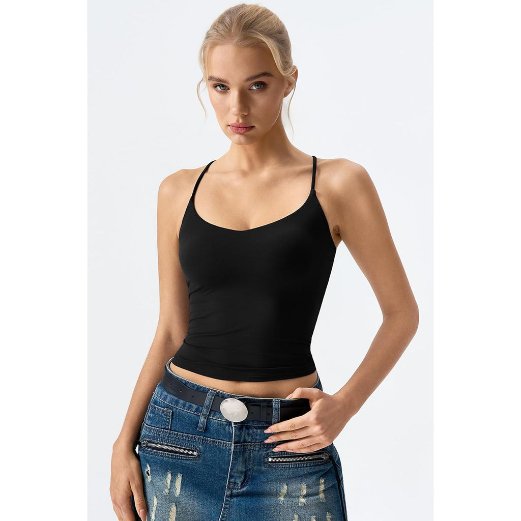 QINSEN Womens Cross Back Tank Top V Neck Double Lined Camisole Top Sleeveless Spaghetti Strap Going Out Tops