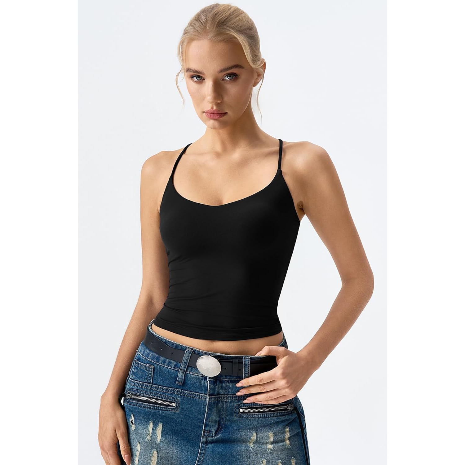 QINSEN Womens Cross Back Tank Top V Neck Double Lined Camisole Top Sleeveless Spaghetti Strap Going Out Tops