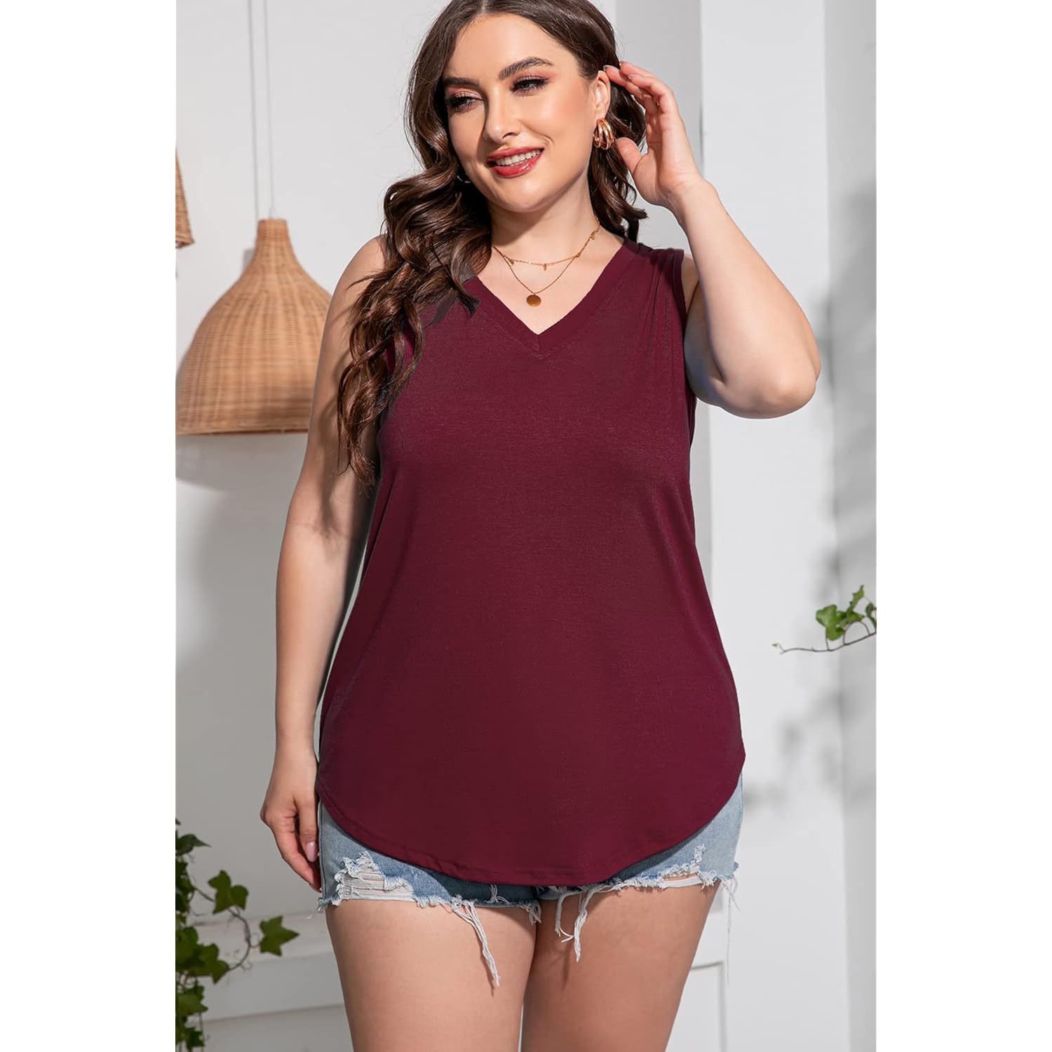 CARROTMOB Plus Size Sleeveless Tops Women Casual Summer Sleeveless Loose Fit V Neck Ladies Basic Tshirt