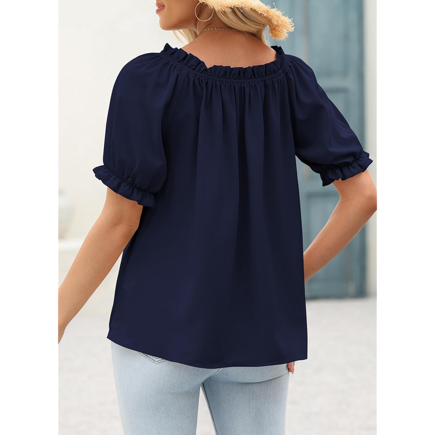 Women's Off-Shoulder Puff Sleeve Tunic Top Navy Blue