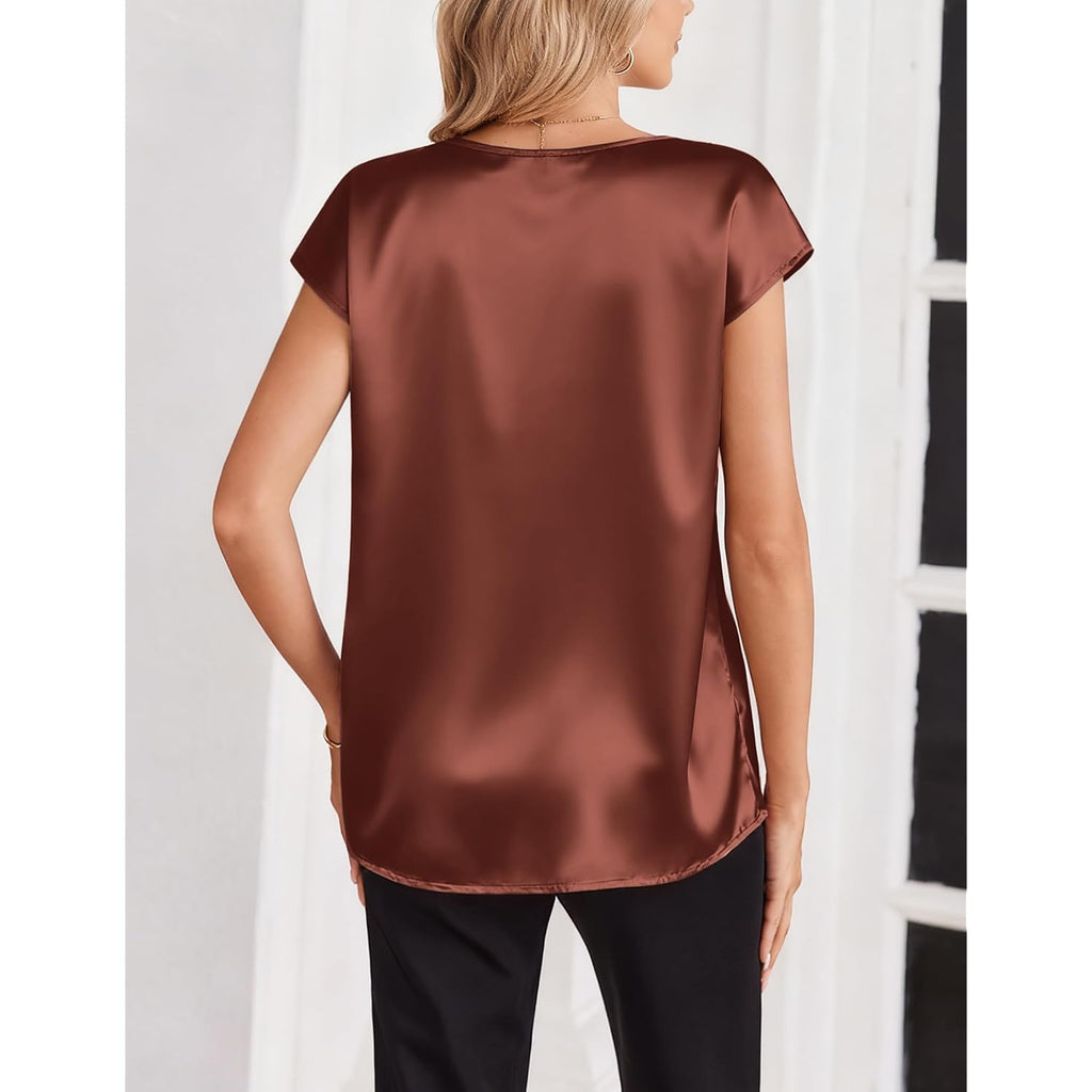 Zeagoo Women Silk Satin Tops Cap Short Sleeve Blouse V Neck Shirts Business Casual Outfits S-2XL