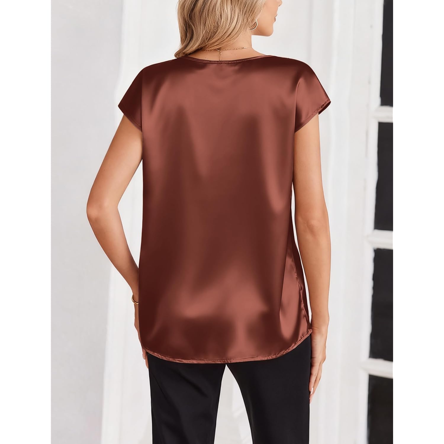 Zeagoo Women Silk Satin Tops Cap Short Sleeve Blouse V Neck Shirts Business Casual Outfits S-2XL
