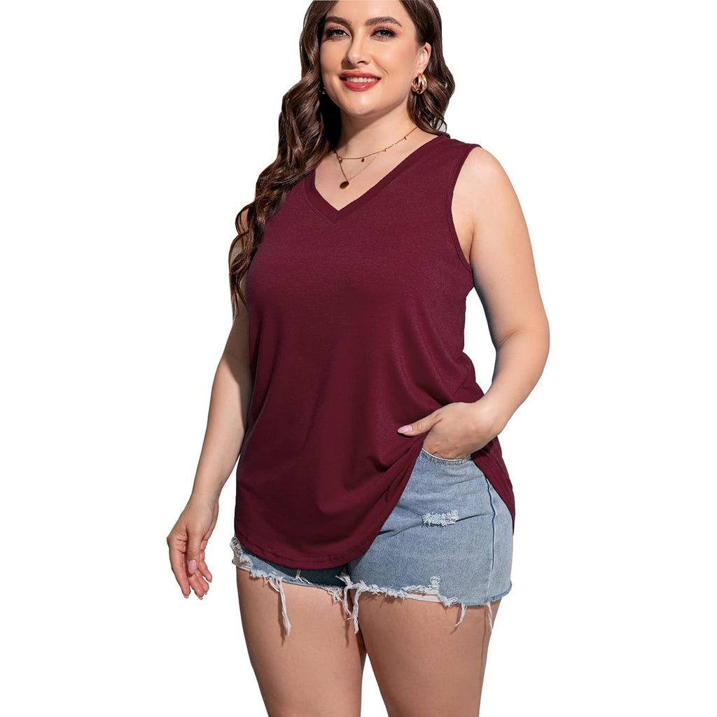 CARROTMOB Plus Size Sleeveless Tops Women Casual Summer Sleeveless Loose Fit V Neck Ladies Basic Tshirt