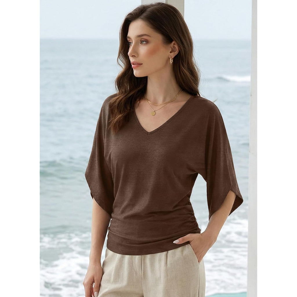 EVALESS Womens Tops Spring Summer Dressy Casual V Neck 3/4 Batwing Sleeve Ruched T-Shirt Business Work Outfits Blouses
