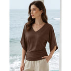 EVALESS Womens Tops Spring Summer Dressy Casual V Neck 3/4 Batwing Sleeve Ruched T-Shirt Business Work Outfits Blouses