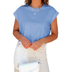 Tankaneo Womens Short Sleeve Cropped T-Shirts Summer Rolled Dolman Sleeve Crop Tops Casual Round Neck Solid Short Basic Tees
