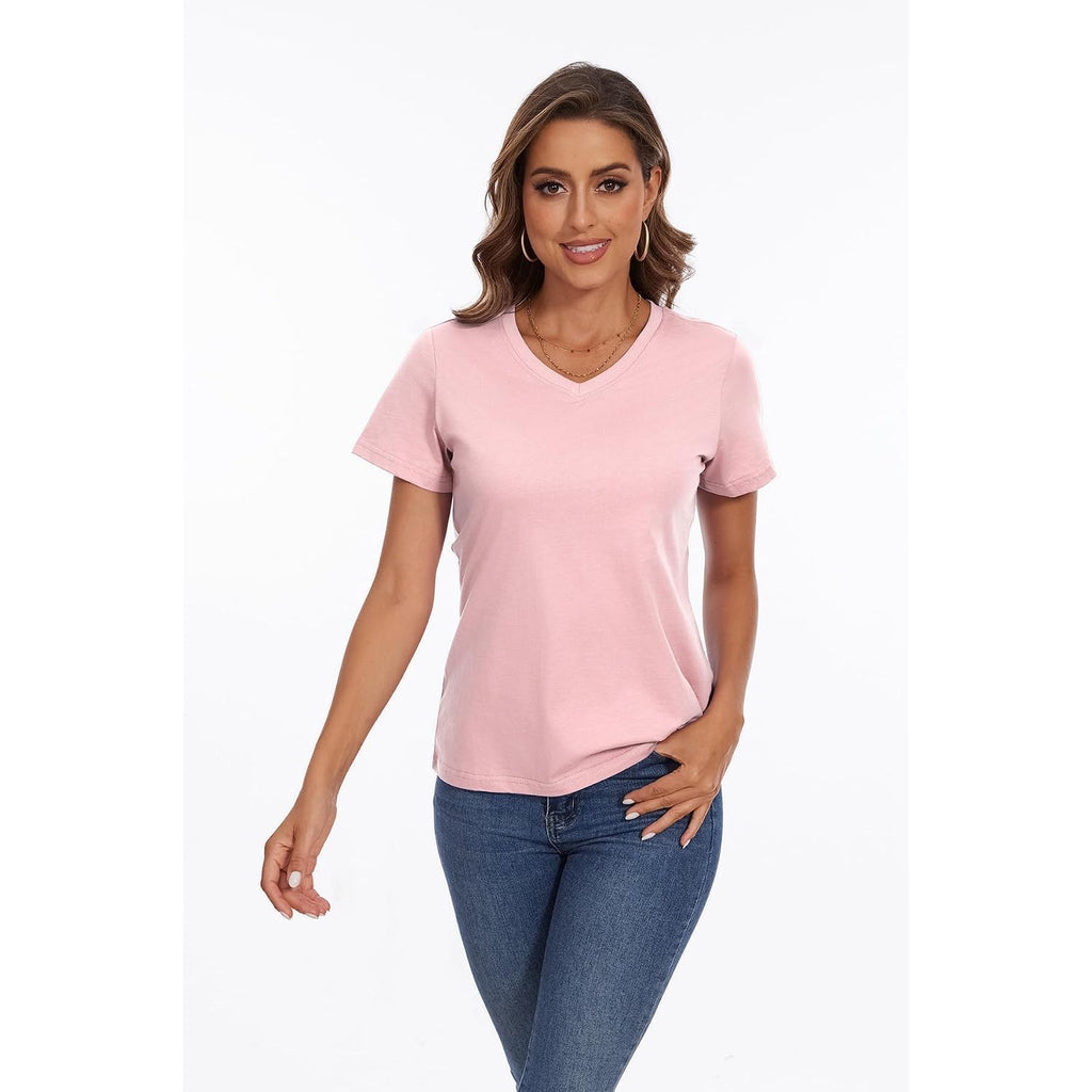 SMENG Women's Cotton V Neck T-Shirt Short Sleeve Solid Color Tee Casual Fit Tee Breathable Summer Fashion Tops