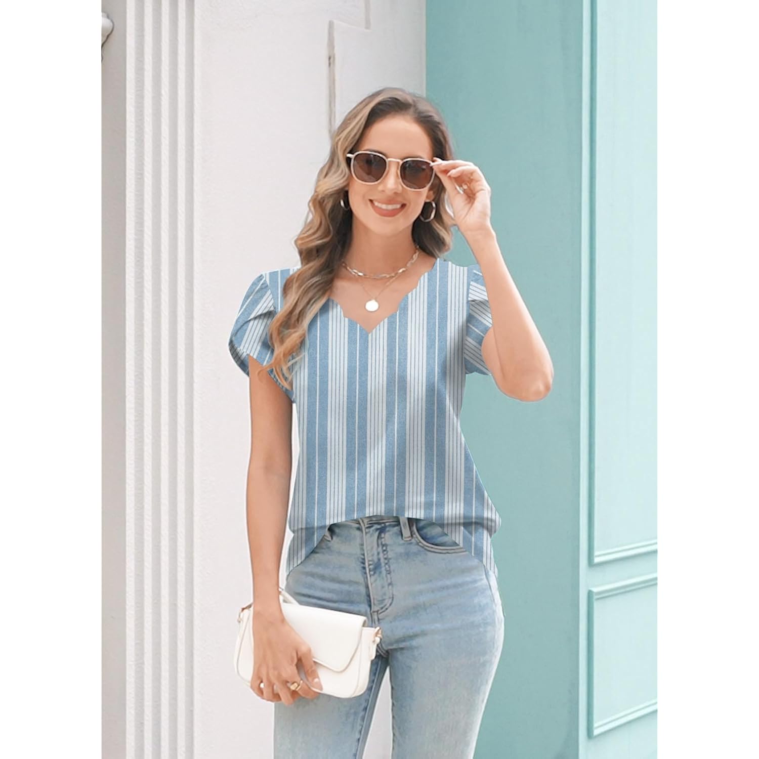 Women's Petal Sleeve V-Neck Tunic Top Striped Blue